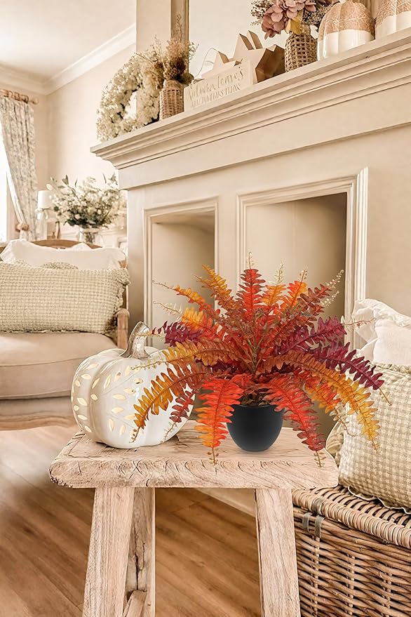 Hollyone Fake Boston Fern in Pot Fall Faux Fern Medium Potted Plant Medium Autumn Decor Plants Outdoor Indoor Autumn Boston Ferns Artificial Plants for Patio Garden Farmhouse Fall Decorations for Home