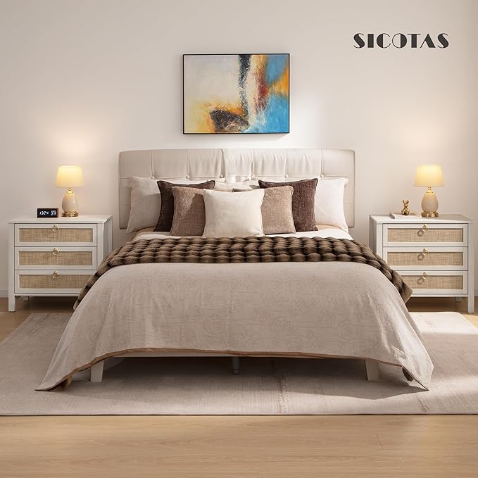 SICOTAS White Nightstand Set 2 with Drawers - Large Rattan Bedside Table with Golden Handle, 3 Drawers Night Stand Tall End Table 26.78" Wide Side Table Boho Nightstand for Bedroom