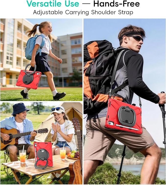 Case for iPad (A16) 11th/10th Generation - 2025/2022 (11″/10.9″) | 4 Layers Drop Protection iPad Case with Screen Protector 360° Rotating Stand Shoulder Strap Pencil Holder Black
