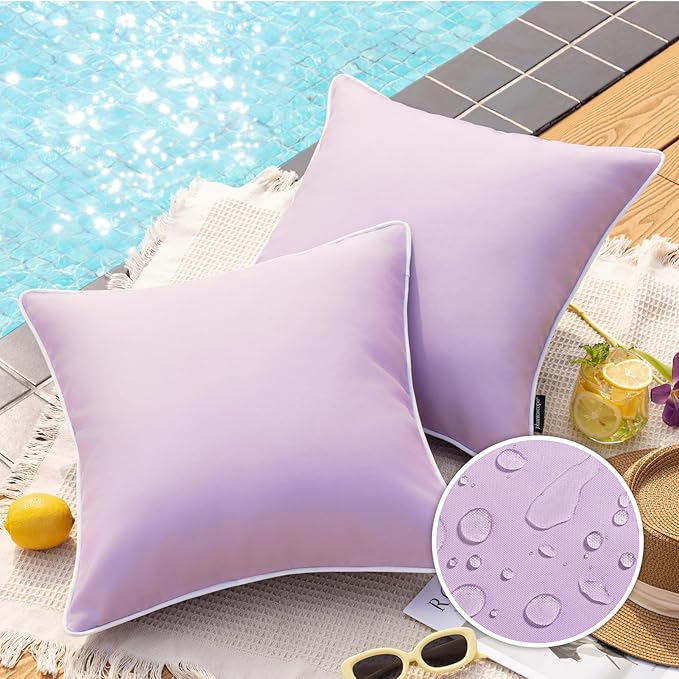 Phantoscope Pack of 2 Outdoor Waterproof Throw Pillow Covers Decorative Square Cushion Case Patio Pillows for Couch Tent Sunbrella, Lavender Purple 20x20 inches