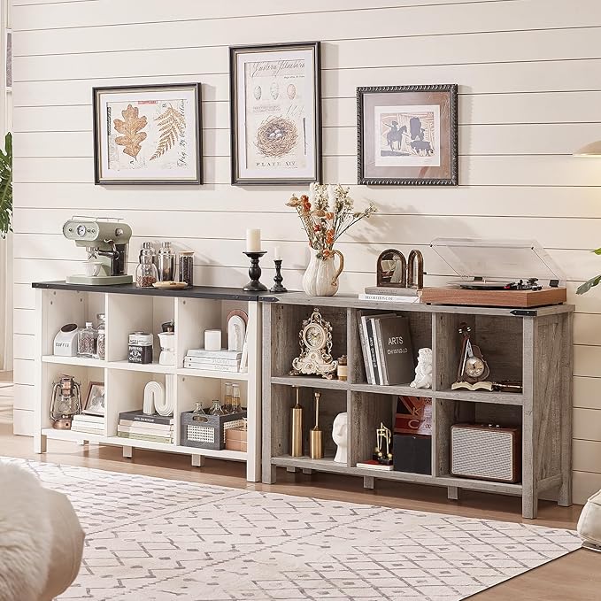 Farmhouse 6 Cube Bookshelf, Antique White & Black Wooden Storage Organizer Book Shelf, 47" Cubby Hallway Bookcase, Kids Toy Storage Cabinet, Modern Open Book Case for Living Room, Playroom