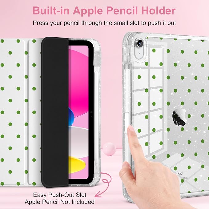 MEEgoodo Case for iPad A16 11th Generation 2025/10th Generation 2022 Glitter Tablet Cases with Transparent Acrylic Back+Trifold Stand +Pencil Holder+Auto Wake/SleepAbstract Sun &amp Palm Tree