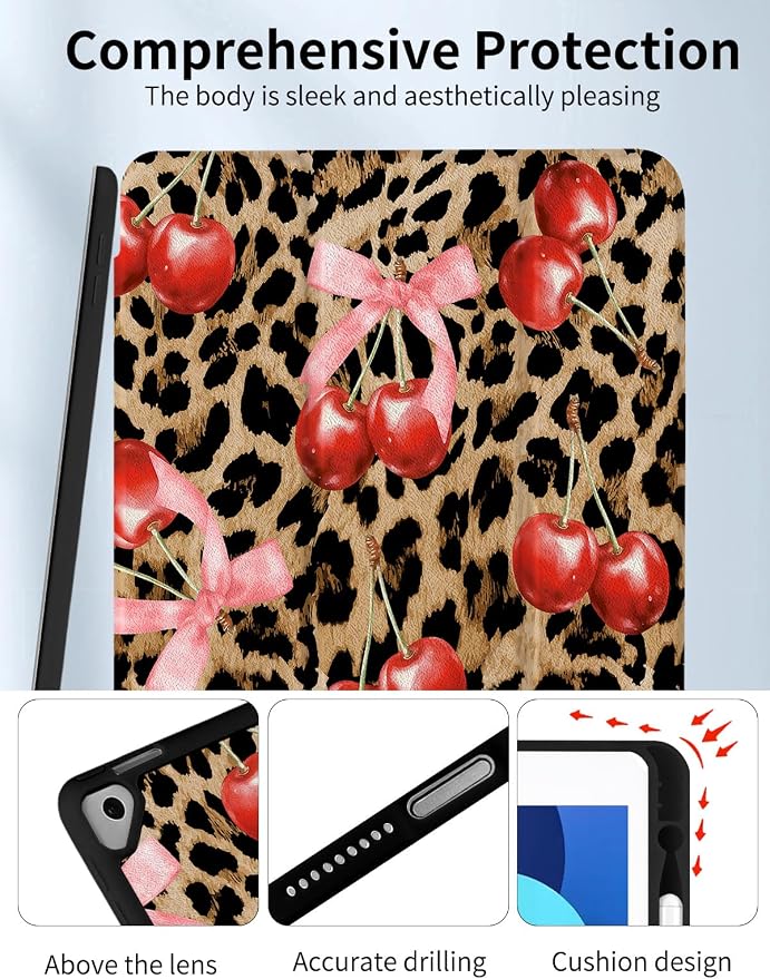 Case for iPad 9th/ 8th/ 7th Generation Case 10.2&amp10.5 Inch (2021/2020/2019 Release) Slim Lightweight Soft Trifold Back Cover with Pencil Holder &amp Auto Sleep/Wake Cover Cherries Cheetah Bows