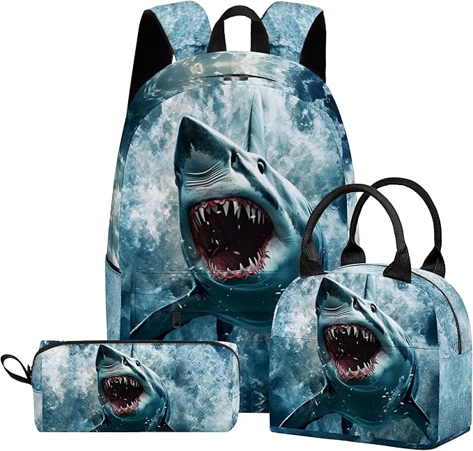 Shark 3PCS Backpack Set for Teens Elementary Middle High School, 17 Inch Lightweight Classic Bookpack 3 in 1 Set for Girls Boys, Kids Back to School Backpack with Lunch Box Pencil Case