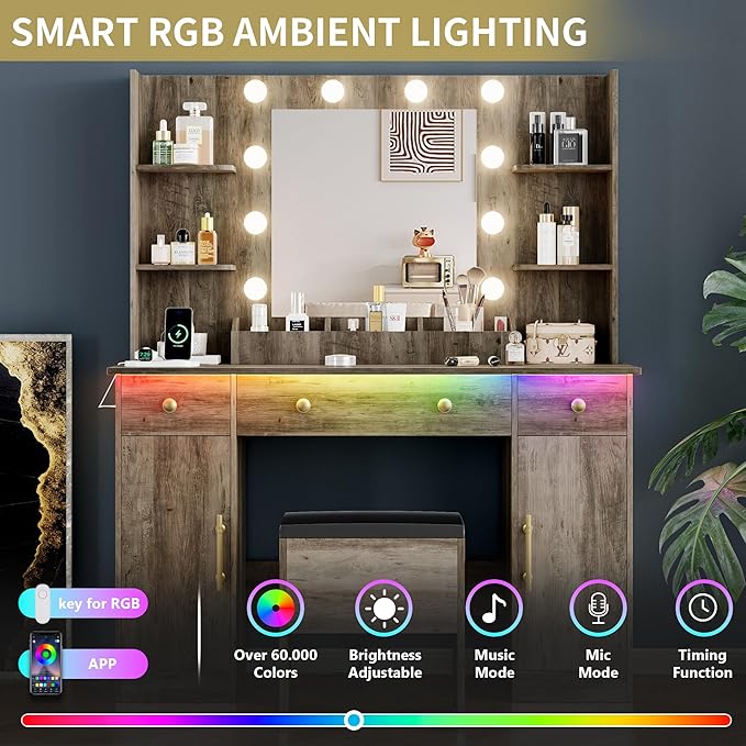 Vanity Desk with Mirror and Lights, 43'' Grey Makeup Dressing Table Set with 5 Drawers & Chair, Power Outlet, 3 Lighting Modes Adjustable Brightness & RGB LED for Women Girls Bedroom Bathroom