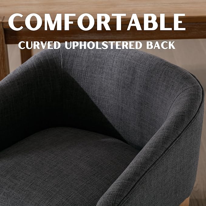 Mid-Century Modern Charcoal Dining Chairs Set of 2, Linen Upholstered Kitchen Dining Room Chairs with Wood Legs, Curved Backrest Armchairs, Charcoal