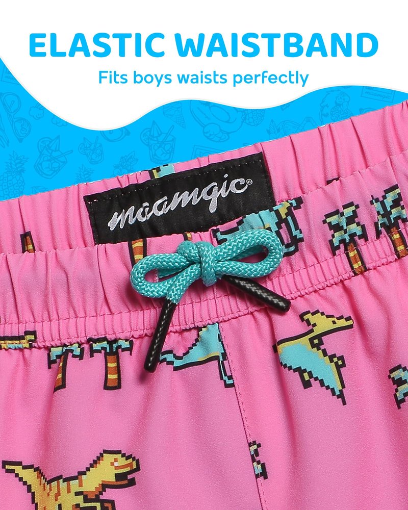 maamgic Boys Swim Trunks with Compression Liner 4-Way Stretch Quick Dry Swim Shorts Swimming Trunks Toddler Boy Dinosaur Pink 10-12 Years