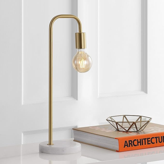 JONATHAN Y 20.5" Brass Gold Minimalist Glam Metal and Marble LED Table Lamp, Modern Industrial Pipe Desk Lamp for Bedroom Office Nightstand, White Marble Base, LED Bulb Included JYL1094A