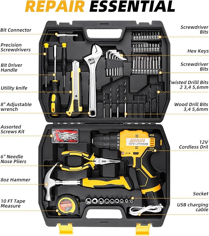 12V Drill Driver Power Tool Combo Kits with Cordless Drill, Professional Household Home Tool Kit Set, DIY Hand Tool Kits for Garden Office House Repair Yellow