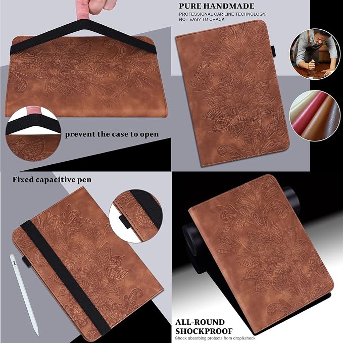 for Kindle Fire HD 8 Case 8th/7th/6th Generation (2016/2017/2018) with Stand/Pencil Holder/Pockets [Auto Wake/Sleep] Magnetic Smart Embossed Floral PU Leather Shockproof Cover Brown Flower