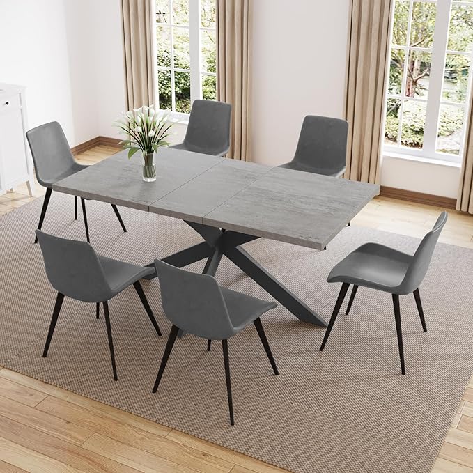 ZckyCine 51"-67" Extendable Dining Table Set with 6 Dining Chairs, Modern Rectangular Kitchen Table Set for 6-8 People, Space-Saving Expandable Dining Table with Metal Frame