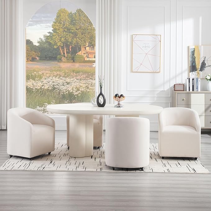 White Barrel Dining Chairs Set of 2, Modern Swivel Barrel Chairs with Wheels Casters Arms Back Comfy Linen Beige Upholstered Rolling Dining Chairs for Living Room Kitchen Bedroom
