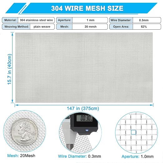 Stainless Steel Mesh Screen 20Mesh 304, 15.7" x 147" Metal Mesh Screen