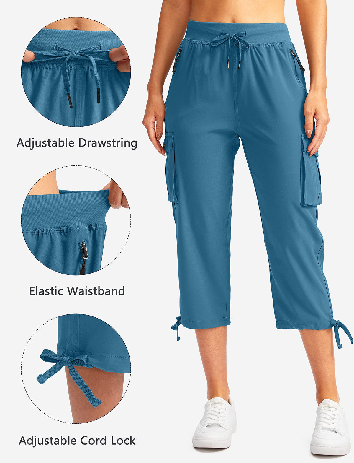 Soothfeel Women's Cargo Capris Pants with 6 Pockets Lightweight Quick Dry Travel Hiking Summer Pants for Women Casual (Blue, 3XL)