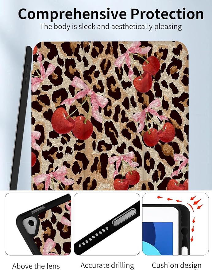 Case for iPad 9th/ 8th/ 7th Generation Case 10.2&amp10.5 Inch (2021/2020/2019 Release) Slim Lightweight Soft Trifold Back Cover with Pencil Holder &amp Auto Sleep/Wake Cover Cherries Cheetah Bows