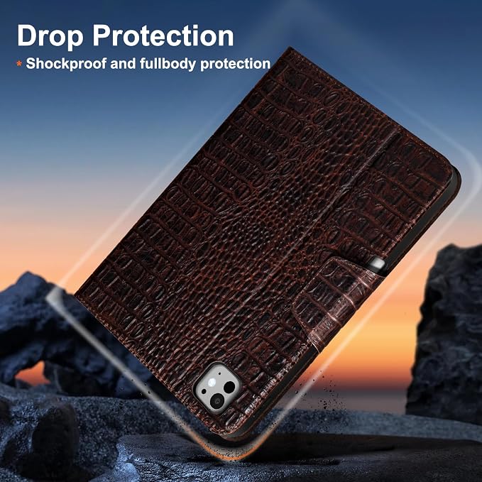 Gexmil Leather Case for iPad Pro 11 Inch M5/M4 2025/2024Crocodile Brown | Genuine Leather CoverPencil HolderMagnetic ClosureSmart Folio Auto Sleep/WakeProtectiveAdjustable Stand
