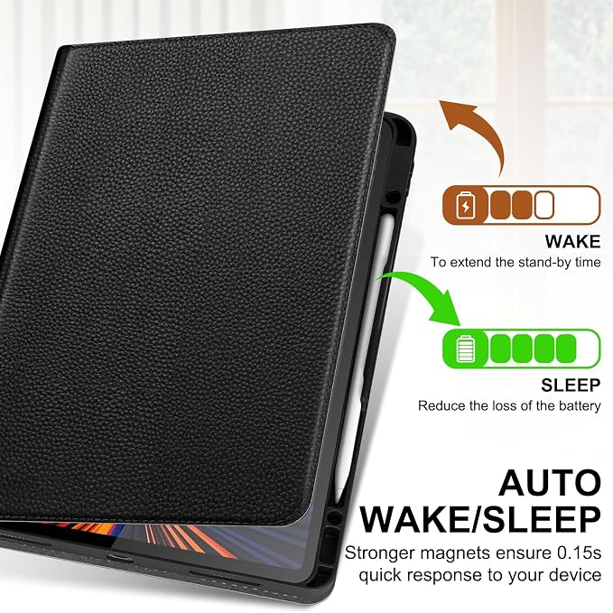 Genuine Leather Case for iPad 11th Gen 11/10th Gen 10.9 Black | Pencil Holder Adjustable Stand Auto Wake/Sleep Shockproof