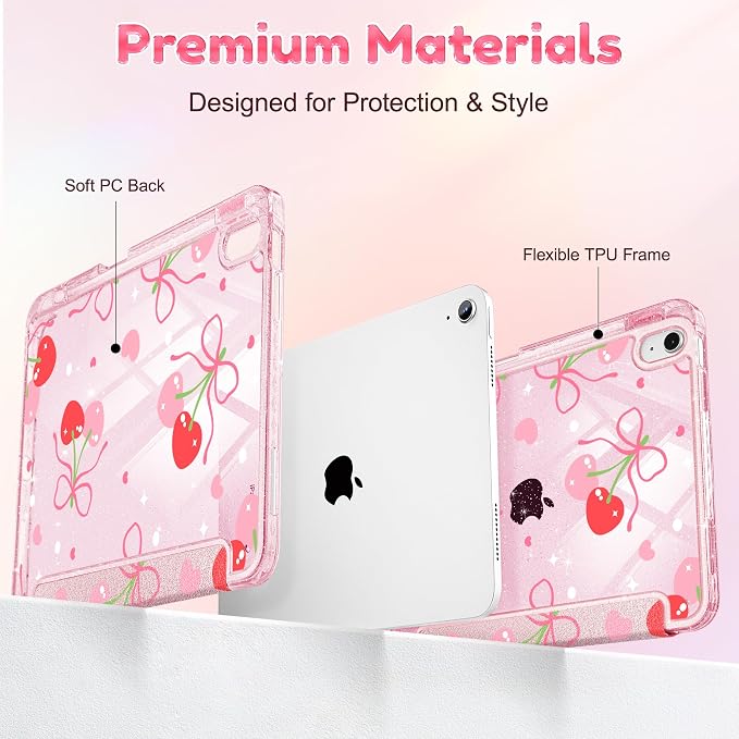 for iPad Air 11 inch M4/M3/M2 (2026/2025/2024) iPad Air 5th/4th Gen (2022/2020) 10.9 inch with Pencil Holder Glitter Clear Pretevtive Cover Auto Wake/Sleep Black Cartoon Stickers