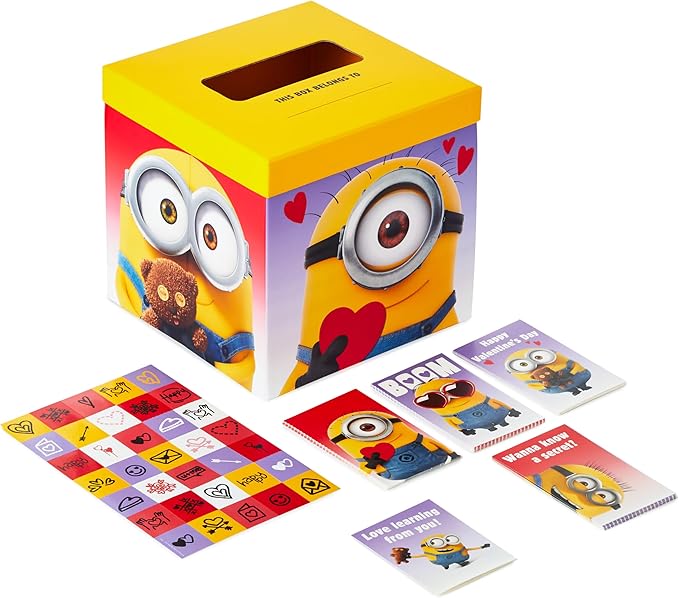 Hallmark Minions Valentines Day Cards and Mailbox for Kids School Classroom Exchange (1 Box, 32 Valentine Cards, 35 Stickers, 1 Teacher Card)