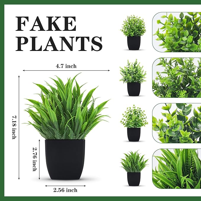 Der Rose 4 Pack Fake Plants Small Artificial Mini Faux Plants Indoor Black Bathroom Accessories for Room Home Office Shelf Decor