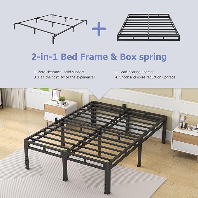 NKZ 24 Inch King Size Bed Frame, Metal Bed Frame & Box Spring 2 in 1 Platform with Round Corner Legs, 4000Lbs Heavy Duty Metal Frame, Mattress Slide Stopper, Headboard Hole, Noise-Free, Easy Assembly