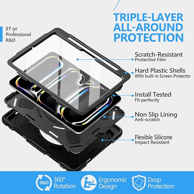 Case for iPad 9th/8th/7th Generation 10.2 Inch Black | Shockproof Protective Silicone Cover with Rotatable Stand-Screen Protector-Handle- Shoulder strap- Pencil holder