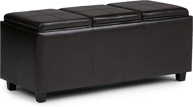 SIMPLIHOME Avalon Storage Ottoman - 42 inch Wide Upholstered Vegan Leather Rectangular Flip-Top Ottoman in Tanners Brown, Contemporary Coffee Table Ottoman for Living Room with Hidden Storage