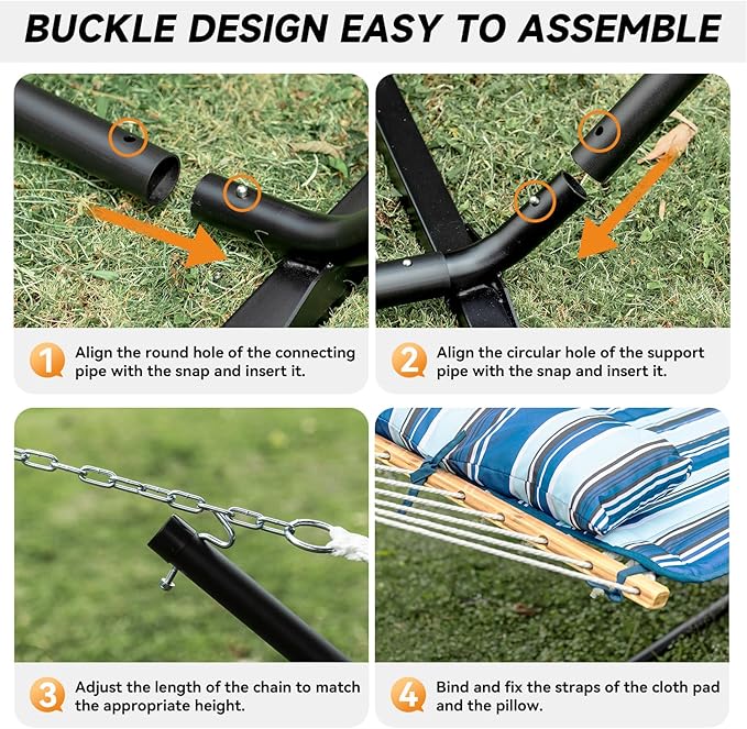 2 Person Outdoor Hammock with Stand, Cotton Rope Hammock with Polyester Pad, Adjustable Steel Frame, Portable with Carrying Bag – for Patio, Backyard, Garden, Beach, Blue Stripe