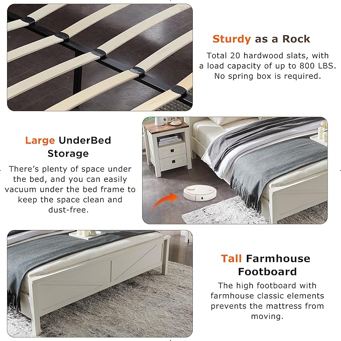 T4TREAM Farmhouse King Size Bed Frame w/Storage Bookcase Headboard, Sliding Barn Door, Charging Station, Rustic Wood Platform Bed w/Wood Slats Support, No Box Spring Needed, Antique Brush White