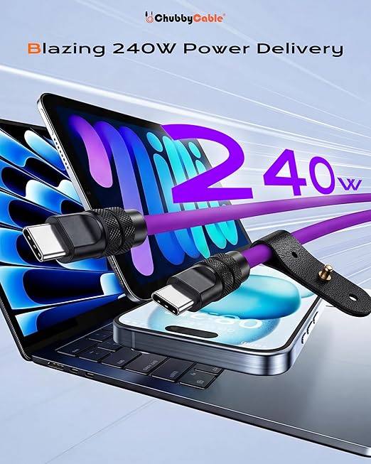 chubbycable 120W USB-A to C Cable Silicone Charging Cord Blue 6.6FT | 6mm Extra Thick 45000+ Bend Tested 480Mbps Data Transfer E-Marker Safety Chip Tangle-Free Design