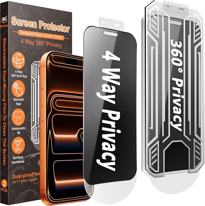 [2-Pack] 360° 4-Way Privacy Screen Protector Compatible with iPhone 17 Pro Max. Full Surround Anti-Spy 9H Hardness Anti-Fingerprint Bubble-Free. Includes Dust-Free Applicator &amp Replacement Fil