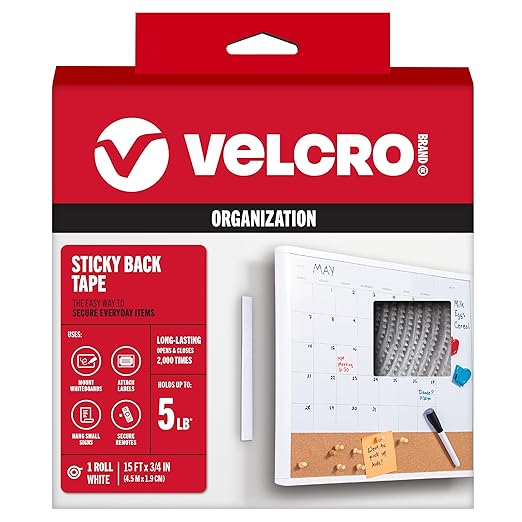 VELCRO Brand - Sticky Back Hook and Loop Fasteners – Peel and Stick Permanent Adhesive Tape Keeps Classrooms, Home, and Offices Organized – Cut-to-Length Roll | 15ft x 3/4in Tape | White
