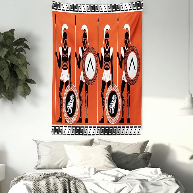 Ambesonne Retro Tapestry Queen Size, Historical in Greece Theme Cultures, Wall Hanging Bedspread Bed Cover Wall Decor, 88" X 88", Orange Black White