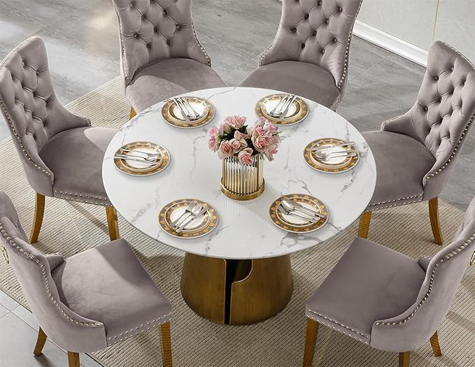7-Piece Faux Marble Round Dining Table Set for 6, Modern Luxury Kitchen Table Set for 6 with Grey Tufted Chairs,Circle Dining Tables with White Marble Grain Top and Bronze Pedestal Base