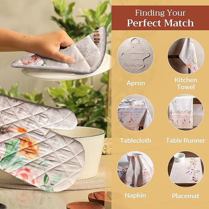 Maison d' Hermine Oven Gloves 100% Cotton Oven Mitt 7" x 13" with Loop Heat Resistant, BBQ, Cooking Gloves, Baking, Grilling, Kitchen, Handling Hot Pans Spring/Summer (Pack of 1, Ibiza - Beige)