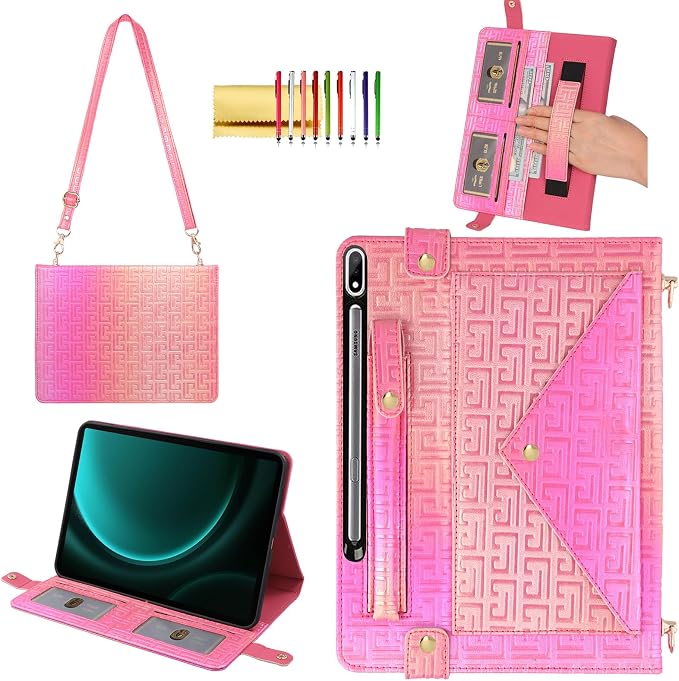 Handbag Case for Samsung Galaxy Tab S10 FE/S9 FE 10.9/S9/S8/S7 11 Techcircle Folio Stand Crossbody Wallet Protective Cover with S Pen Holder &amp Card Slots Hand Strap &amp Shoulder Strap Black