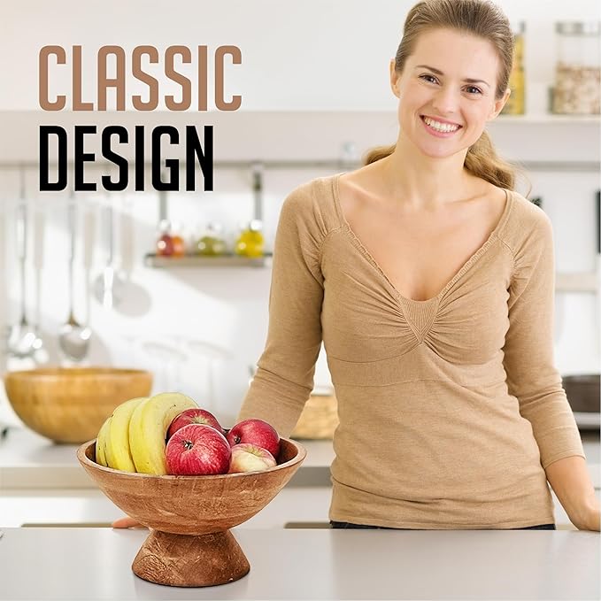 Brown Pedestal Bowl - 10 Inch, Wide Brown Footed Bowl as Fruit, Key, Decorative, Candy Holder or Centerpiece, Wooden Bowl Decorative for Kitchen, Dining Table & Modern Home Accessories