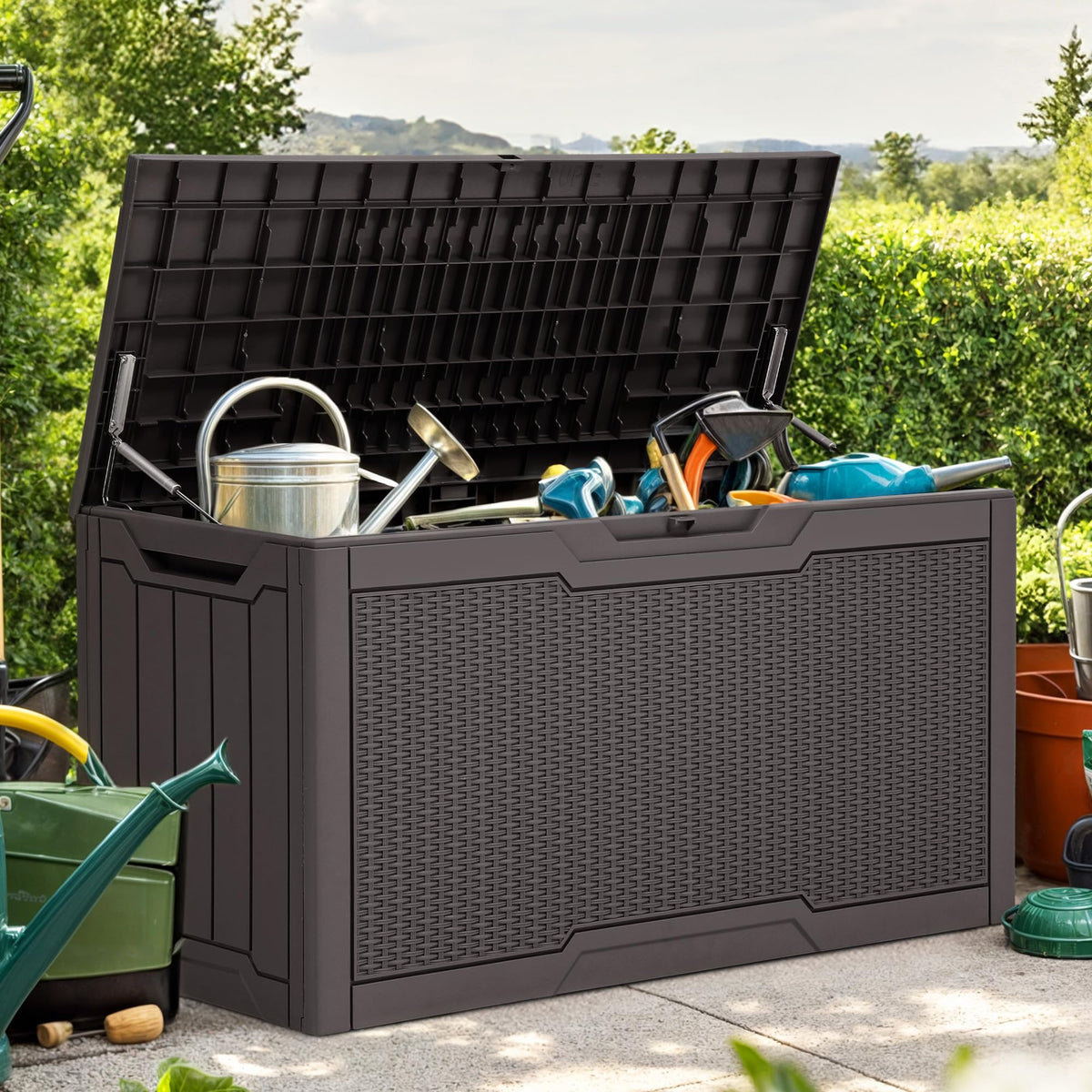 YITAHOME 80 Gallon Resin Deck Box, Weather Resistant Outdoor Rattan Storage Box, Lockable Indoor Outdoor Storage for Supplies and Essentials, Dark Brown