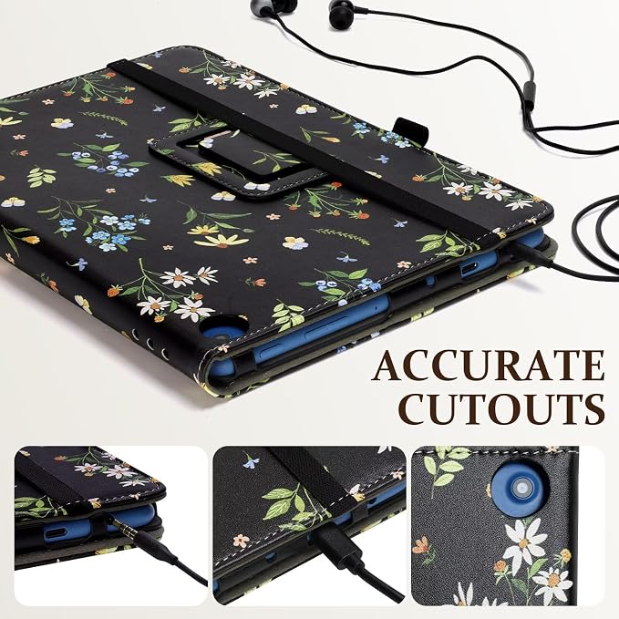 Fancity Case for Kindle Fire HD 10/10 Plus 13th/11th Generation 2023/2021 | Premium PU Leather Protective Case with Adjustable Angles Auto Wake/Sleep Hand Strap for Fire HD 10/10 Plus Black Floral