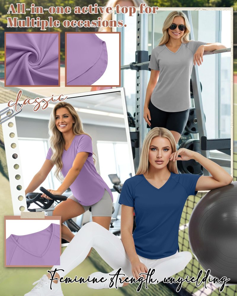 Sweetyweee 5 Pack Women Workout T-Shirts Quick Dry UPF 50+ Sun Protection Yoga Gym V Neck Raglan Tops Side Slits Curved Hem(Navy Blue, Light Gray, Denim Blue, Purple, Pink,X-Large)