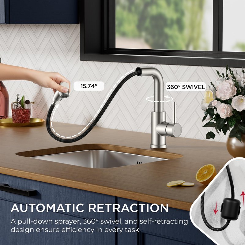 FORIOUS Modern Bar Sink Faucet Brushed Nickel, Stainless Steel Single Handle Small Kitchen Sink Faucet with Pull Out Sprayer, 360° Swivel Spout L-Shaped Design Suitable for Camper Outdoor Bathroom RV