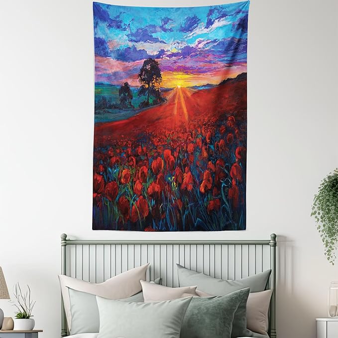 Ambesonne Country Tapestry, Clouds at Sunset Paint Scenery of Poppy Flower Garden on Valley with Horizon, Fabric Wall Hanging Decor for Bedroom Living Room Dorm, 23" X 28", Burgundy Deep Sky Blue
