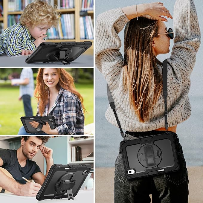 HXCASEAC Case for Samsung Galaxy Tab S10+ Plus / S9 Fe+ / S9+ 5G 12.4 inch Protective with Screen Protector/S Pen Holder/ 360 Rotating Stand Hand Strap - Black
