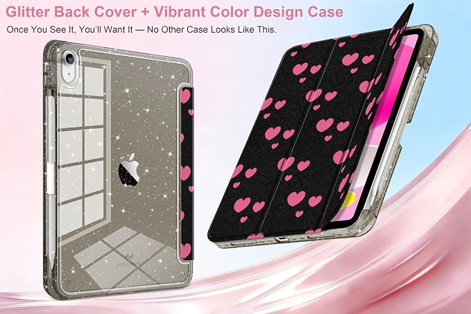 MEEgoodo Case for iPad A16 11th Generation 2025/10th Generation 2022 Glitter Tablet Cases with Transparent Acrylic Back+Trifold Stand +Pencil Holder+Auto Wake/SleepAbstract Sun &amp Palm Tree