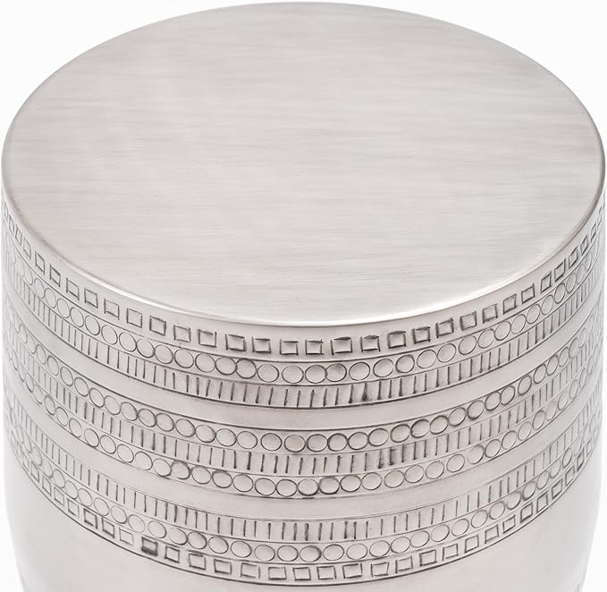 Modern Round Aluminum Hammered Embossed Texturing Metal End Table, Hand-Stamped Iron, Boho Accent Side Table, Drum Shaped, for The Living Room and Bedroom, Silver