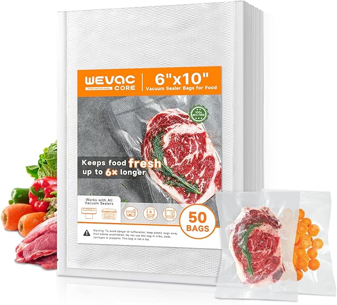 Wevac Vacuum Sealer Bags – 50 Count (6″×10″), Heavy-Duty BPA-Free Food Storage Bags, Puncture-Resistant, Freezer & Sous Vide Safe, Compatible with All Vacuum Sealers