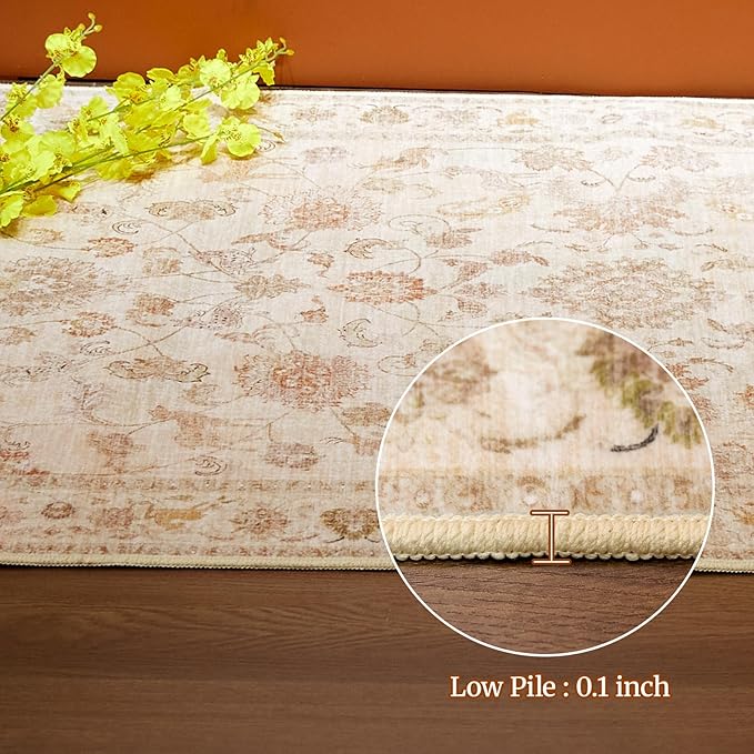 6x9 Soft Washable Area Rugs for Living Room and Bedroom, Non-Slip Stain Resistant Indoor Carpet, Cozy Floor Mat for Dining Room, Office, Under TableStain Resistant Persian Beige Floral