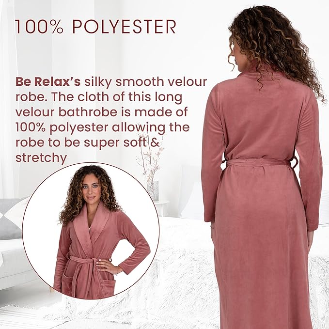 Be Relax Terry Velour Robe - Made of Polyester, Shawl Collar Robe with Belt & Side Pockets, Soft & Warm Bathrobe for Women