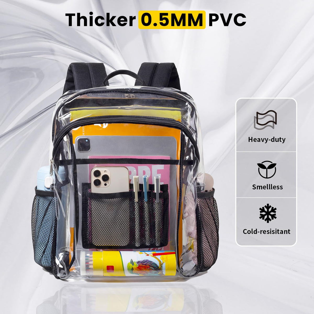 Vorspack Heavy Duty Clear Backpack, Large Transparent Clear Bookbag, Black