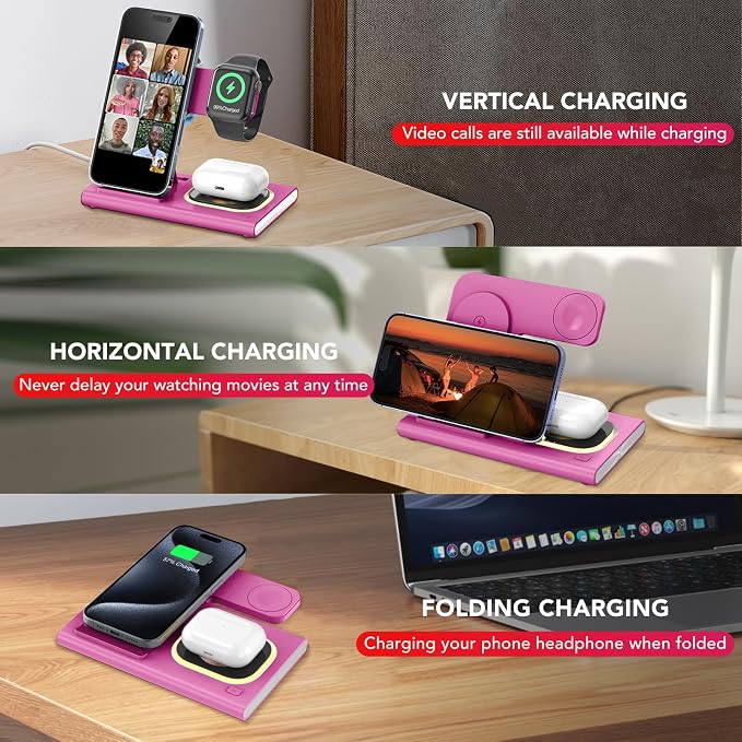 3 in 1 Foldable Wireless Fast Charging Station for Apple Multiple Devices | iPhone Charging Station for iPhone 17 Travel iWatch Charger Stand Light Nightstand Charging Dock for Apple Watch/Airpods